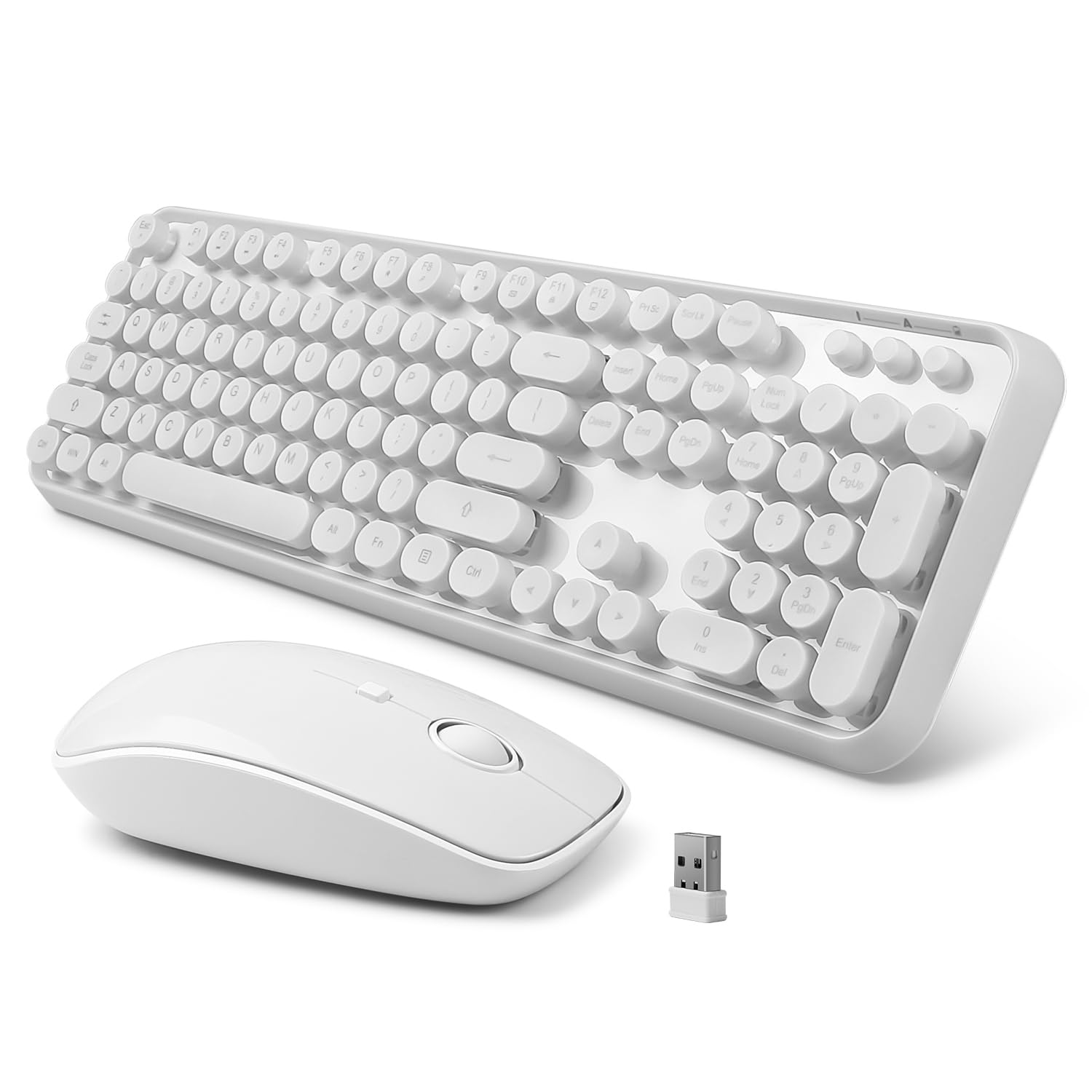 Bezprzewodowa klawiatura i mysz, urocze okrągłe klawisze, pełnowymiarowa klawiatura retro do pisania z wtyczką Plug & Play 2,4 GHz, do Windows 11/10/7, laptopa, komputera, notebooka, Smart TV (biała)