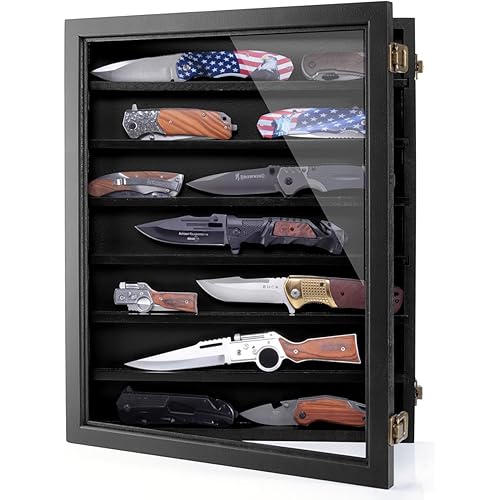 Pocket Knife Display Case, Knife Collection Display Shadow Box for Wall Military Folding Knife Showcase Display Cabinet with Acrylic Panel and Removable Dual Recessed Shelves
