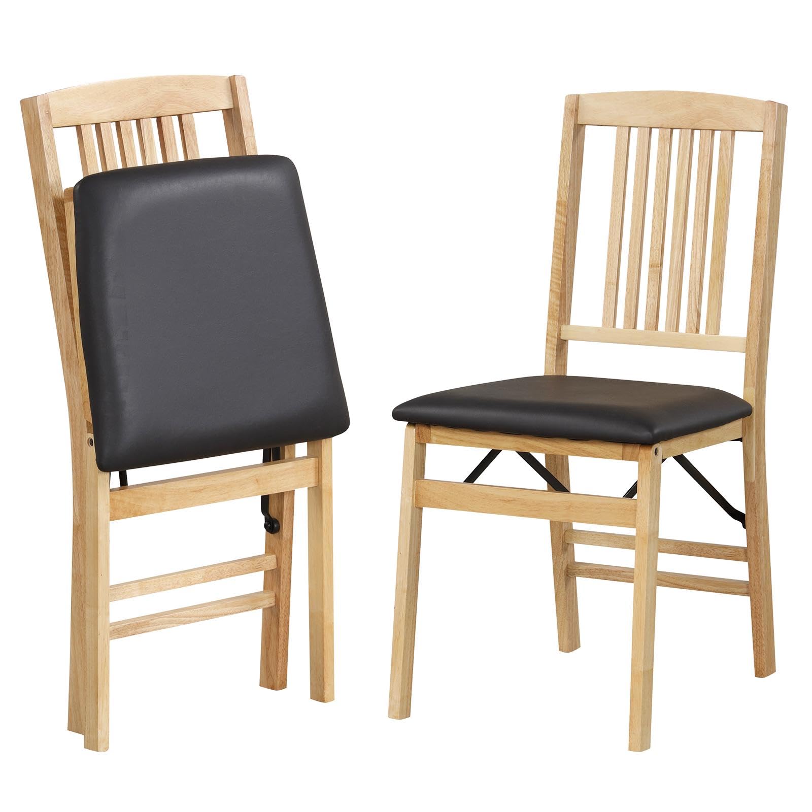 TANGZON Folding Chairs Set of 2, Upholstered Dining Chairs with Rubber Wood Legs & Backrest, Easy Storage Padded Guest Conference Seats for Home Kitchen Office Event (PVC Leather Seat, Black+Natural)