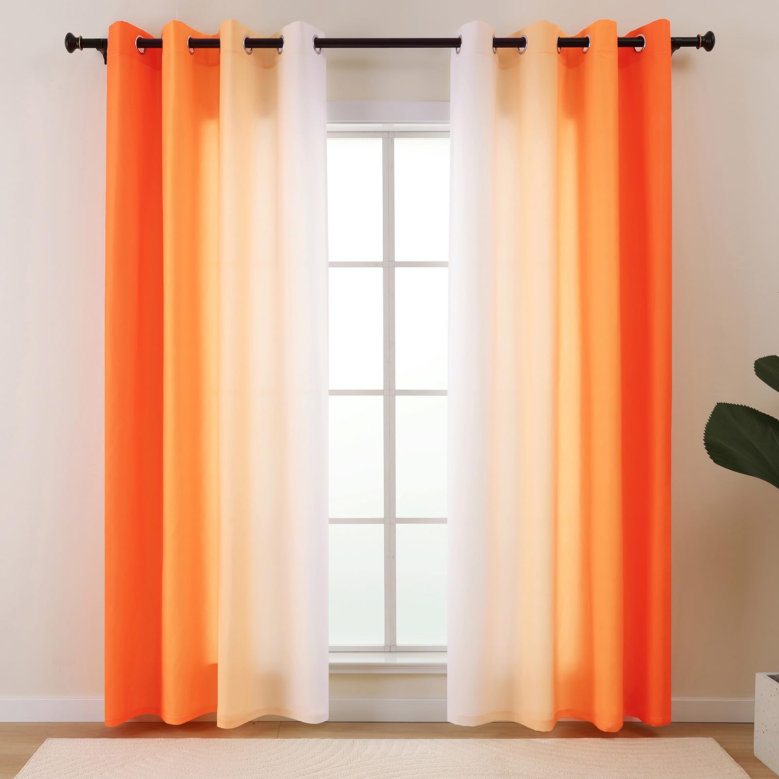 L.Z.E Orange White Privacy Curtains for Living Room Bedroom Eyelet Ombre Light Filtering Curtains & Drapes for Dining Room Kitchen Windows, 96 Inch Drop Opaque & Thin 245 cm Long, Gradient Design