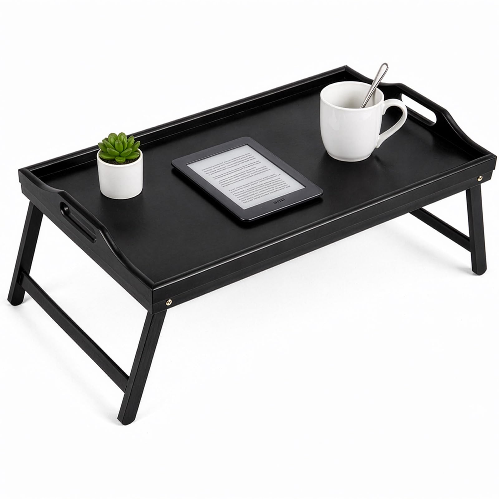 CROWNSHOP Bamboo Bed Tray Table 50x30x24cm – Foldable Breakfast in Bed Tray with Handles & Folding Legs, Portable Lap Tray for Eating, Working, Laptop, Sofa, and Breakfast in Bed (Black, 1 PCS)