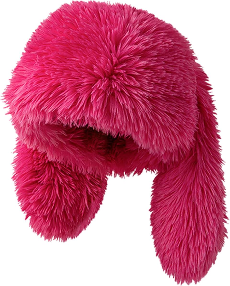Fluffy Bunny Ear Beanie Y2K Faux Fur Hat with Long Ears Cute Warm Plush Hat