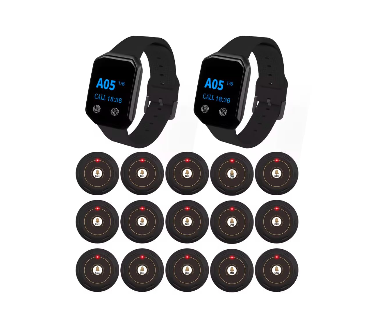 Lean&Co - Bippers Servidores, Pack de 2 relojes S200 impermeables IPX67 y 6 botones de llamada de servidor. Empresa con sede en Francia. Material garantizado por tres años.