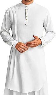 Generisch Kaftan - Bata musulmana de algodón para hombre, color azul bebé, ropa islámica con botones, ropa de oración árabe, ropa de oración para hombre, lino, manga larga, tóbe, vintage, monocolor,