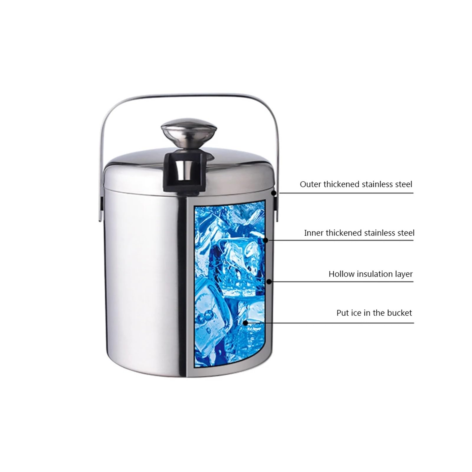Cubo de Hielo de Acero Inoxidable de Doble Pared con Tapa, Pinzas y colador, Cubo Enfriador, Ideal for el hogar, Bar, Enfriar Cerveza, champán y Vino. para Bar, Cumpleaños, Fiestas
