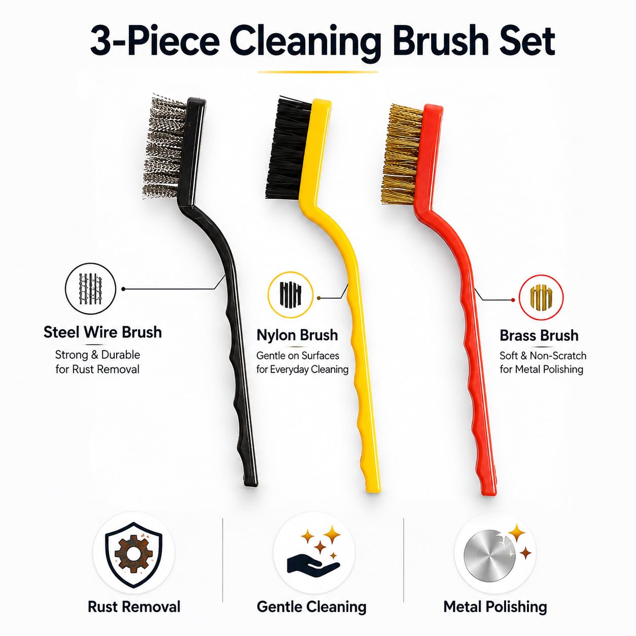 Sulfar 3 Pc Mini Wire Brush Set (Brass, Nylon, Stainless Steel Bristles) 3