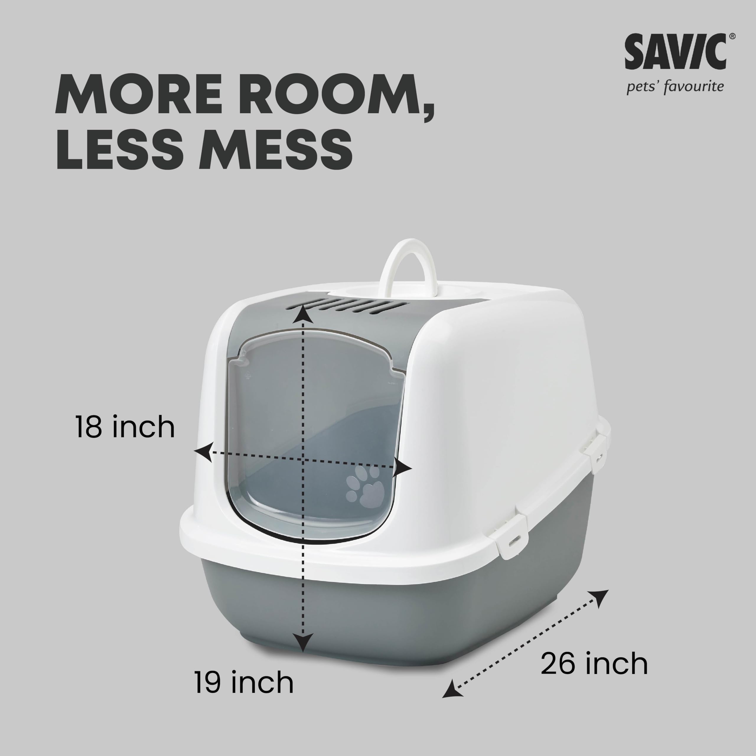 Savic Nestor Jumbo Covered Cat Litter Box, Enclosed Hooded Toilet with Flip Up Door, Odor Control Tray, Easy Clean Large Litter Box House Cold Grey 26x19x18 Inch