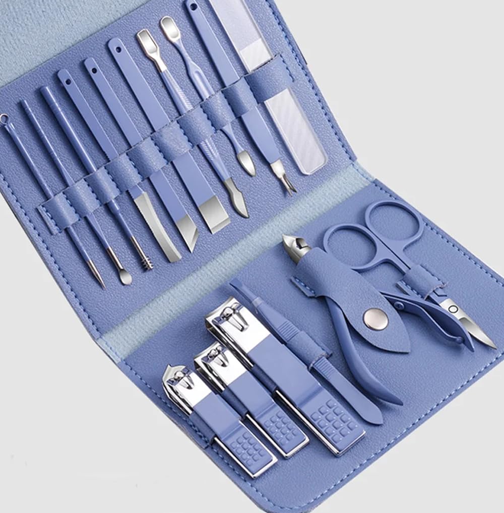 Professional Pedicure Kit Manicure Set Nail Care Tools 16 In 1 Stainless Steel Nail Clippers Tools (Blue)