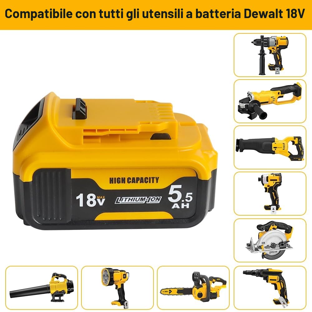 Powarobor 2 pezzi DCB184 18V 5,5Ah Li-ion Batteria di ricambio Compatibile con Dewalt 18V Accumulatori DCB180 DCB182 DCB181 Utensili elettrici