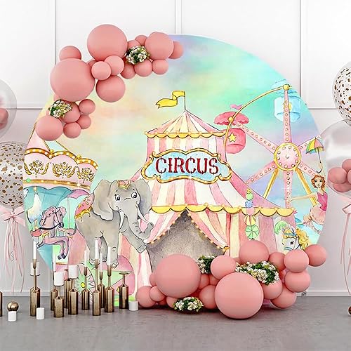 AOFOTO Cubierta redonda de fondo de fotos de animales de circo de 7 x 7 pies, rueda de ferrita, sello, elefante, caballo, decoración de fiesta,