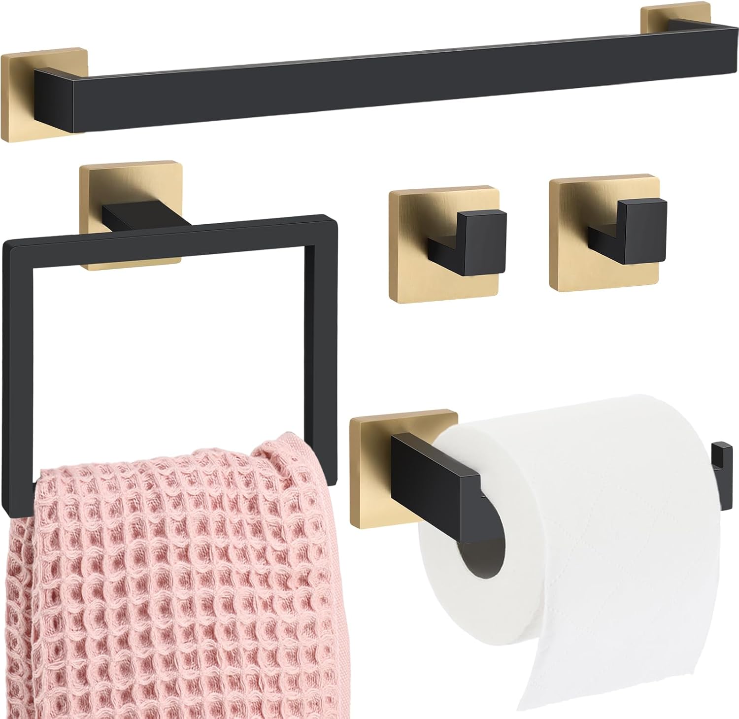 Gisafai 5 Pcs Bathroom Hardware Accessories Set 23.6 Inch Bath Towel Bar Kit Stainless Steel Bathroom Hardware Set Towel Racks Ring Hooks Paper Holder for Wall Mounted (Black Gold) Black Gold 5