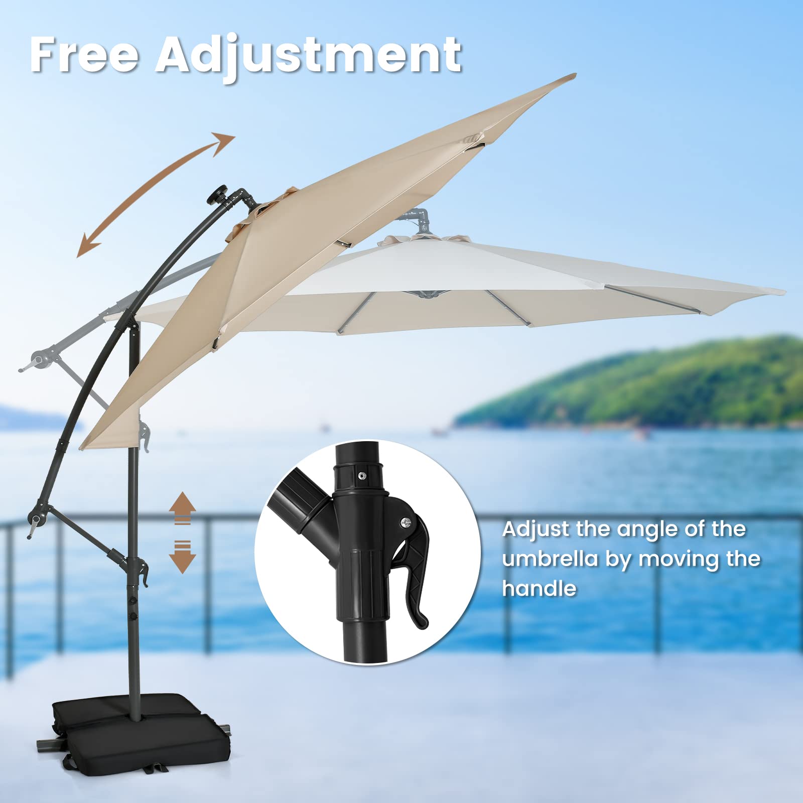 RELAX4LIFE Parasol Déporté 3x3M LED à Énergie Solaire, Parasol de Jardin Extérieur Inclinable avec Pied Incus, Imperméable à 8 Baleines, Protection UV pour Terrasse Patio Plage (Beige)