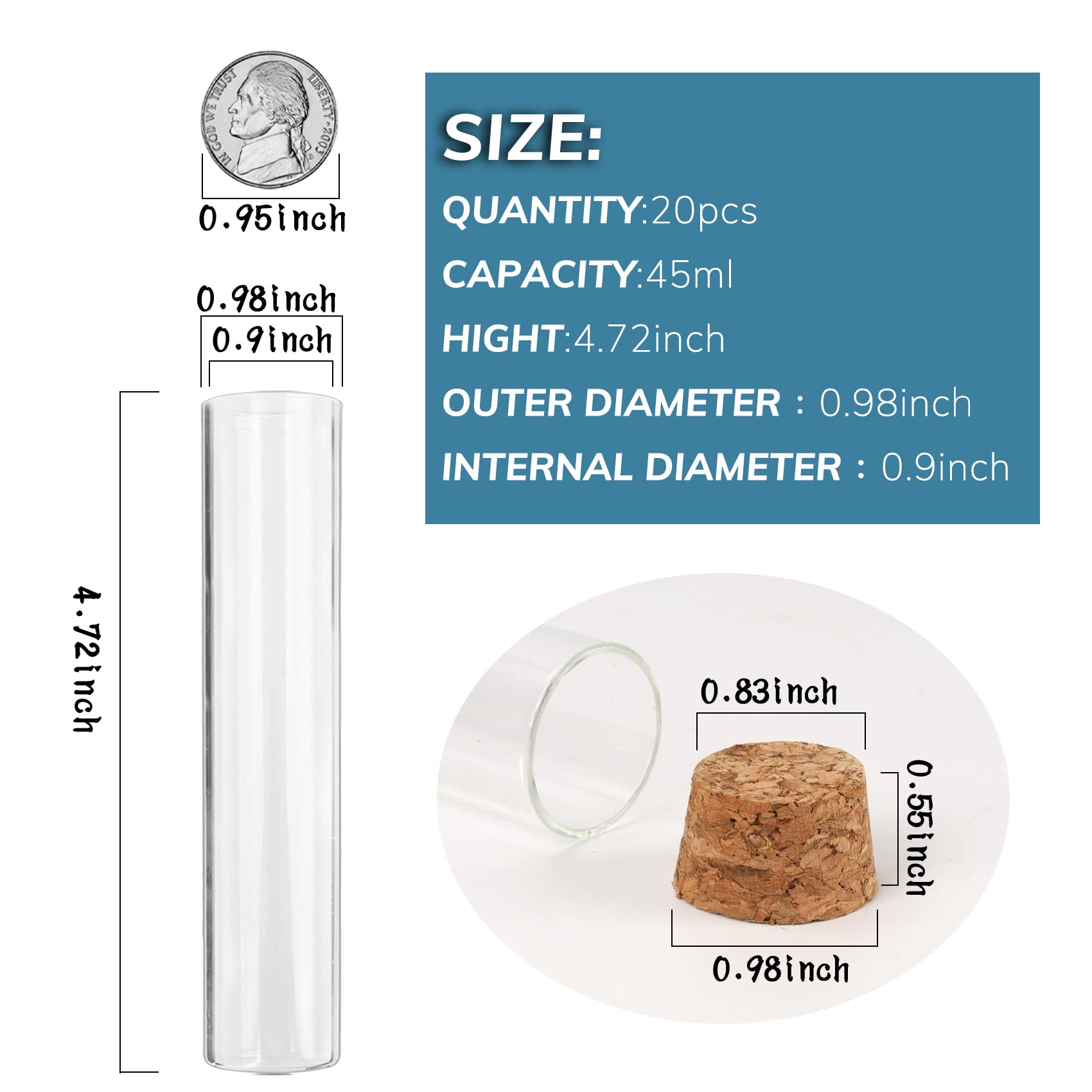 BTSD-home 20pcs Glass Test Tubes 25x120mm 45ml Clear Flat Test Tubes with Cork Stoppers for Plant Propagation, Party and Candy Storage