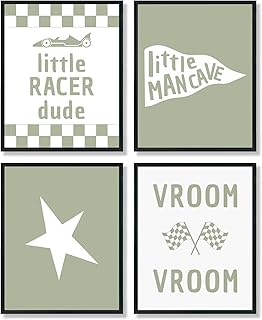 ULEGIE Race Car Room Decor for Boys, Little Man Cave Wall Art Decor Set of 4, Sage Green Checkered Car Nursery Wall Decor for Boys Room Playroom, 8x10 Inch Unframed