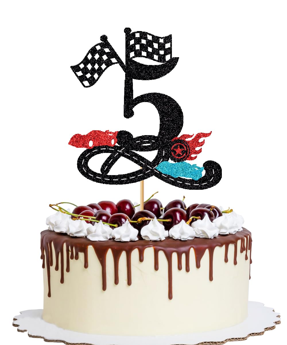YQLXDHBD Race Car 5th Birthday Cake Topper,Glitter Fast Five Cake Topper,Checkered Flag, Racing Track Baby Five Year Old Birthday,Boys Girls Checkered