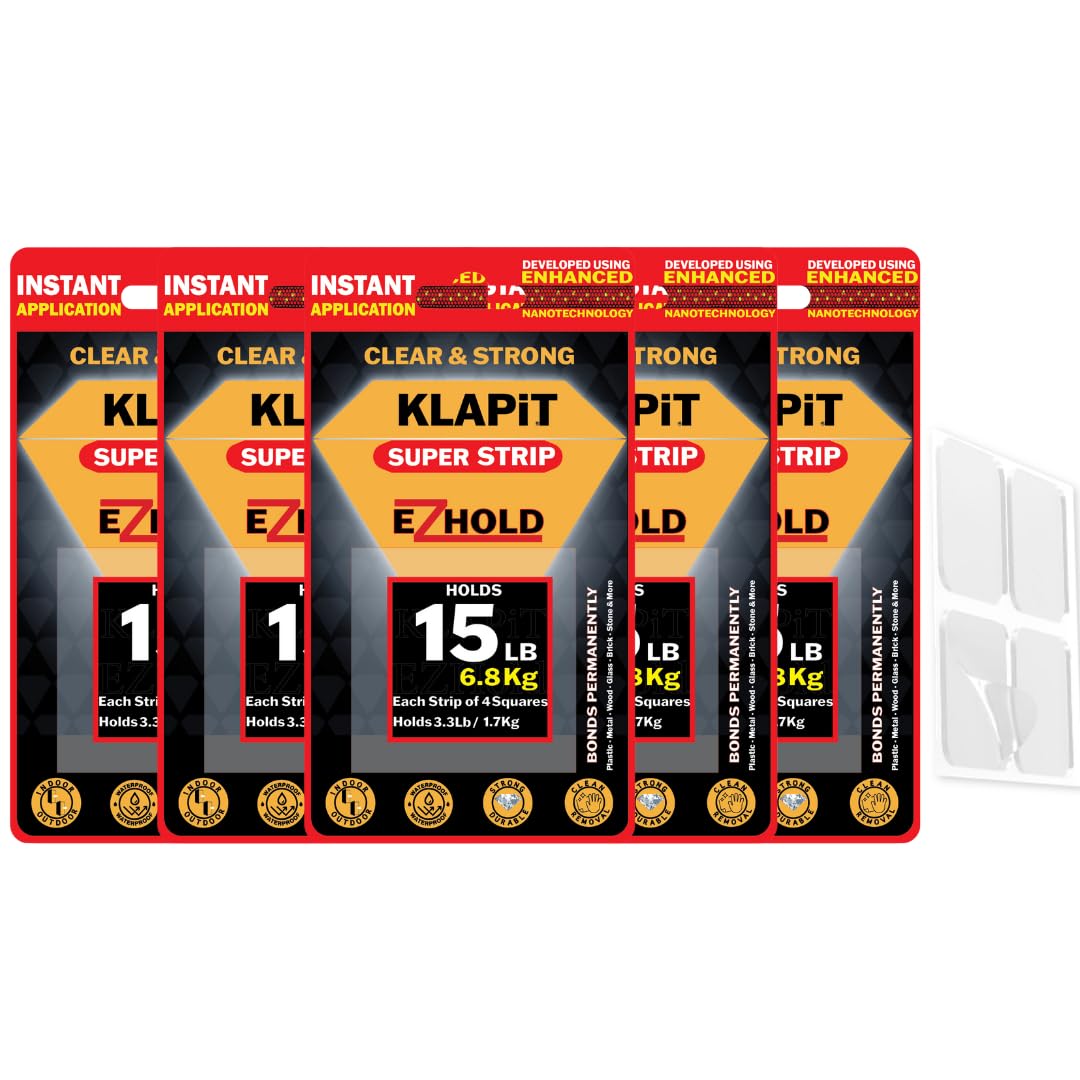 KLAPiT SUPER STRIP EZHold - Pre-Cut Strong Mounting Tape Squares (1”x1”) - Heavy-Duty, double sided, Waterproof, Clear Nano Tape for Hanging Pictures, Frames, & Fixing Carpet, Rugs, Furniture (80 pc)