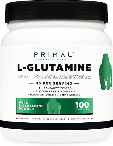 Primal L-Glutamina en polvo (17.64 oz, 100 porciones)  Aminoácido de glutamina puro sin sabor para apoyo y rendimiento deportivo y entrenamiento,