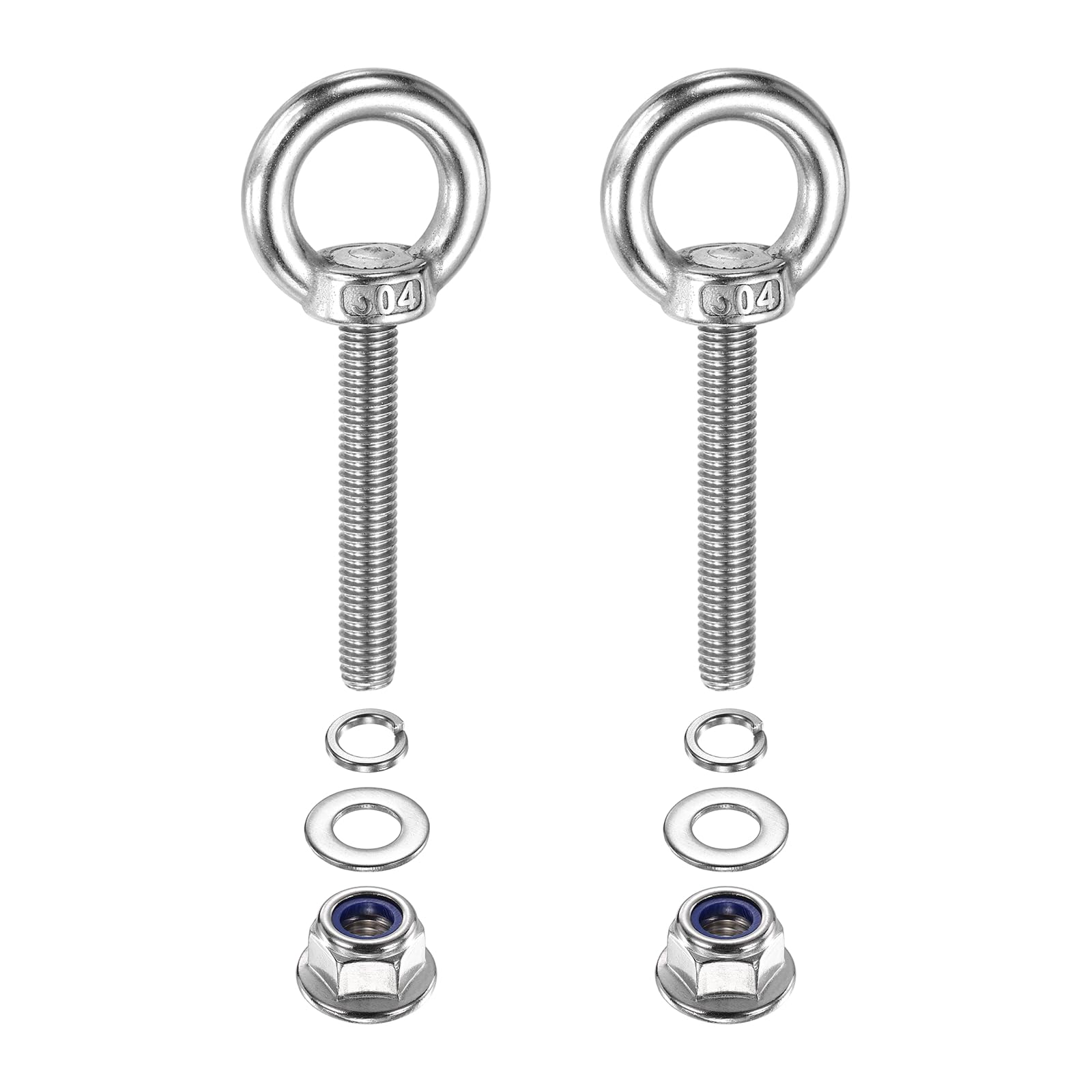 PATIKIL M8 x 50mm Shoulder Eye Bolt, 2 Pcs 304 Stainless Steel Lifting Ring Threaded Eye Bolt with Flange Lock Nuts Spring and Flat Washers for Hanging Tie Down Straps Outdoor Indoor