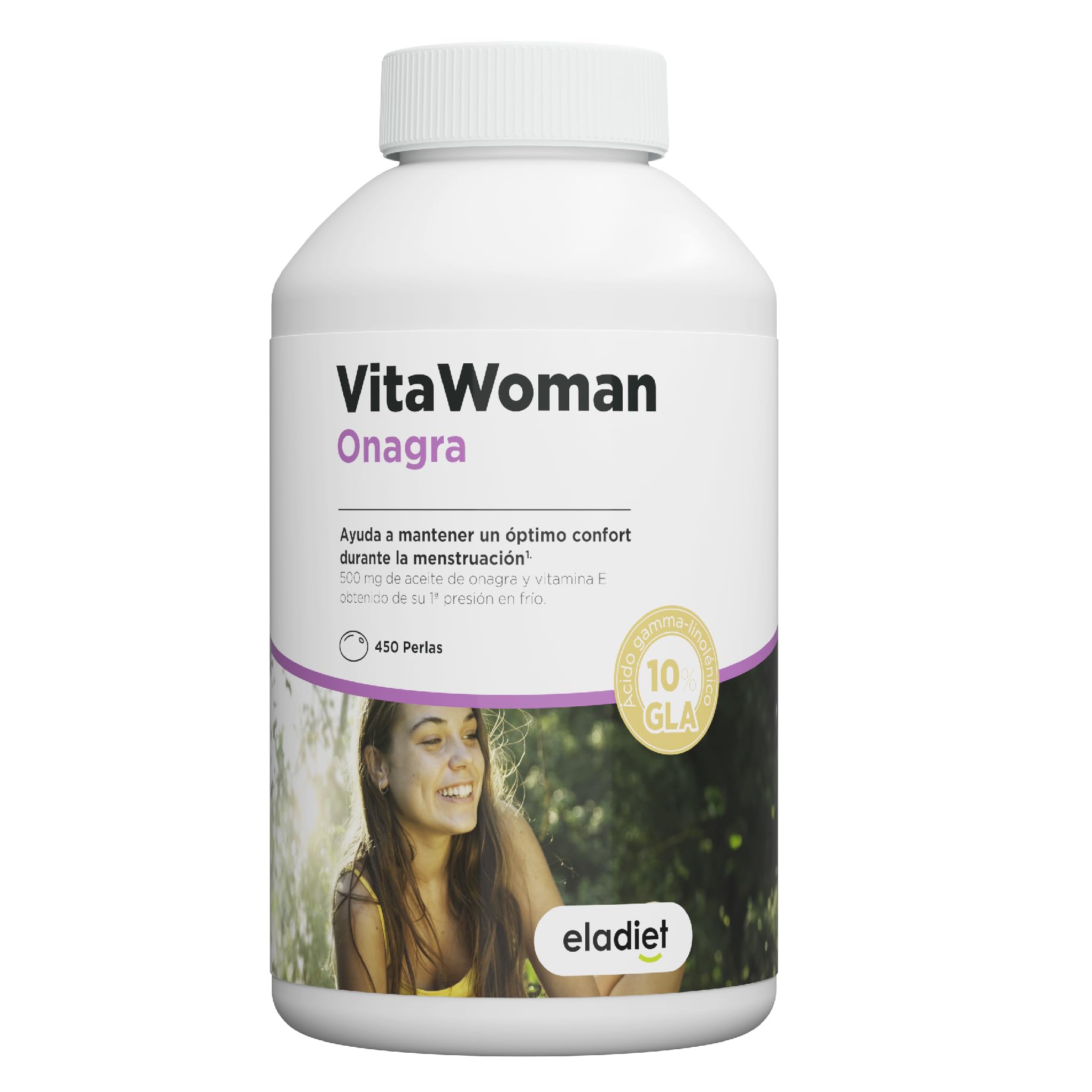 Eladiet VitaWoman Aceite de Onagra 10% GLA - 450 Perlas [5 Meses] con Vitamina E - Salud Hormonal Mujer y Bienestar en la Menstruación