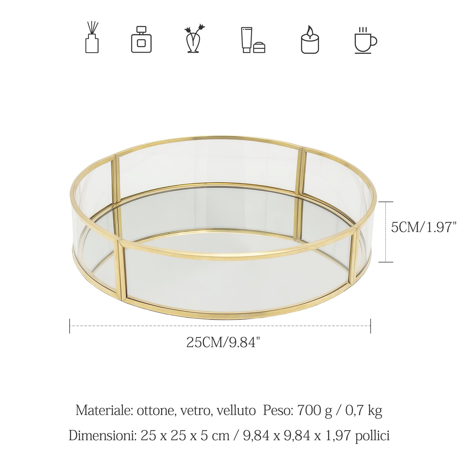 Vassoio Specchio Rotondo, Vassoio Portaoggetti di Metallo Vassoio da Bagno, Vassoio Decorativo Oro Porta Profumi per Vanità, Comò, Bagno, Camera da Letto (Dorato-A, 25L x 25l x 5H cm)