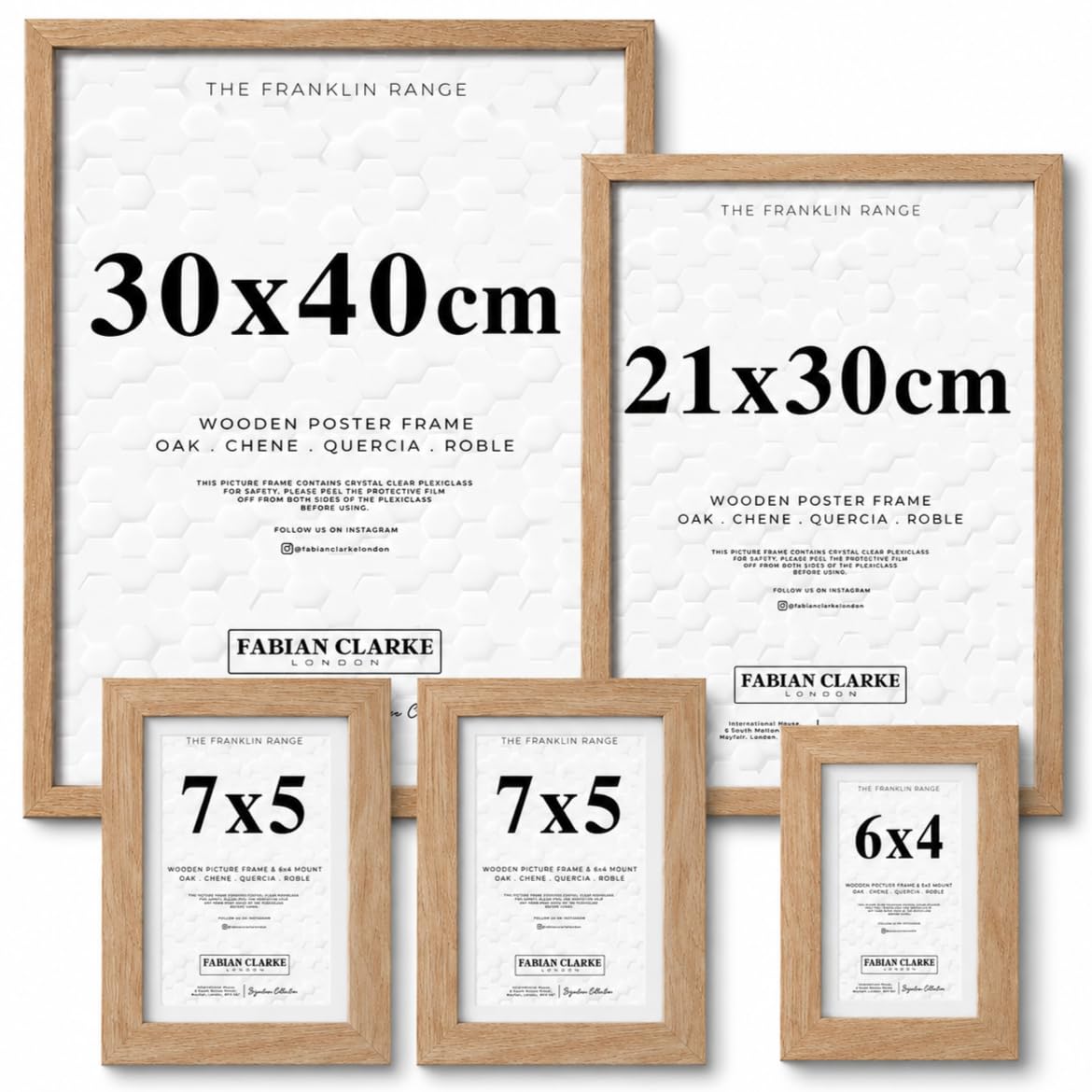Fabian Clarke London® 5 Pack Modern Oak Wooden Picture Photo Frame Kit Set