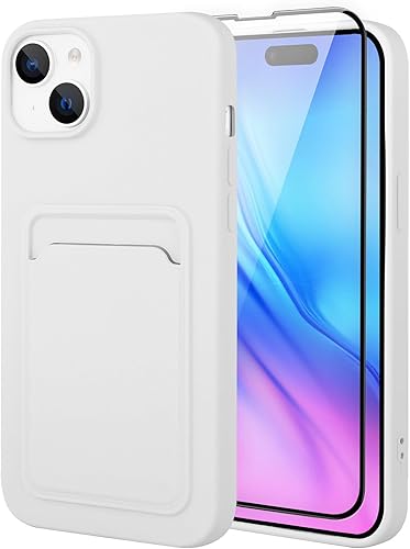 MZELQ Funda de silicona compatible con iPhone 15 2023, funda protectora de cámara para tarjeta+protector de pantalla, funda con ranura para