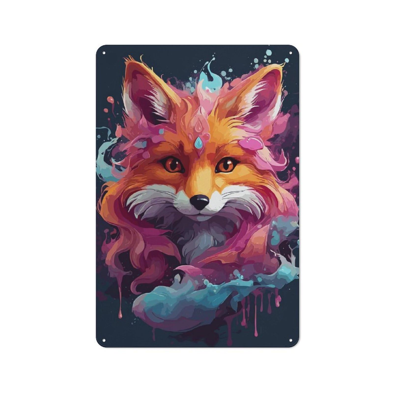 Country Country Metal Sign 30x20cm Featuring Colorful Fox Portrait with Watercolor Effects, Rustic Kitchen Decor for Cottage, Kitchen, Hallway Or Breakfast Nook
