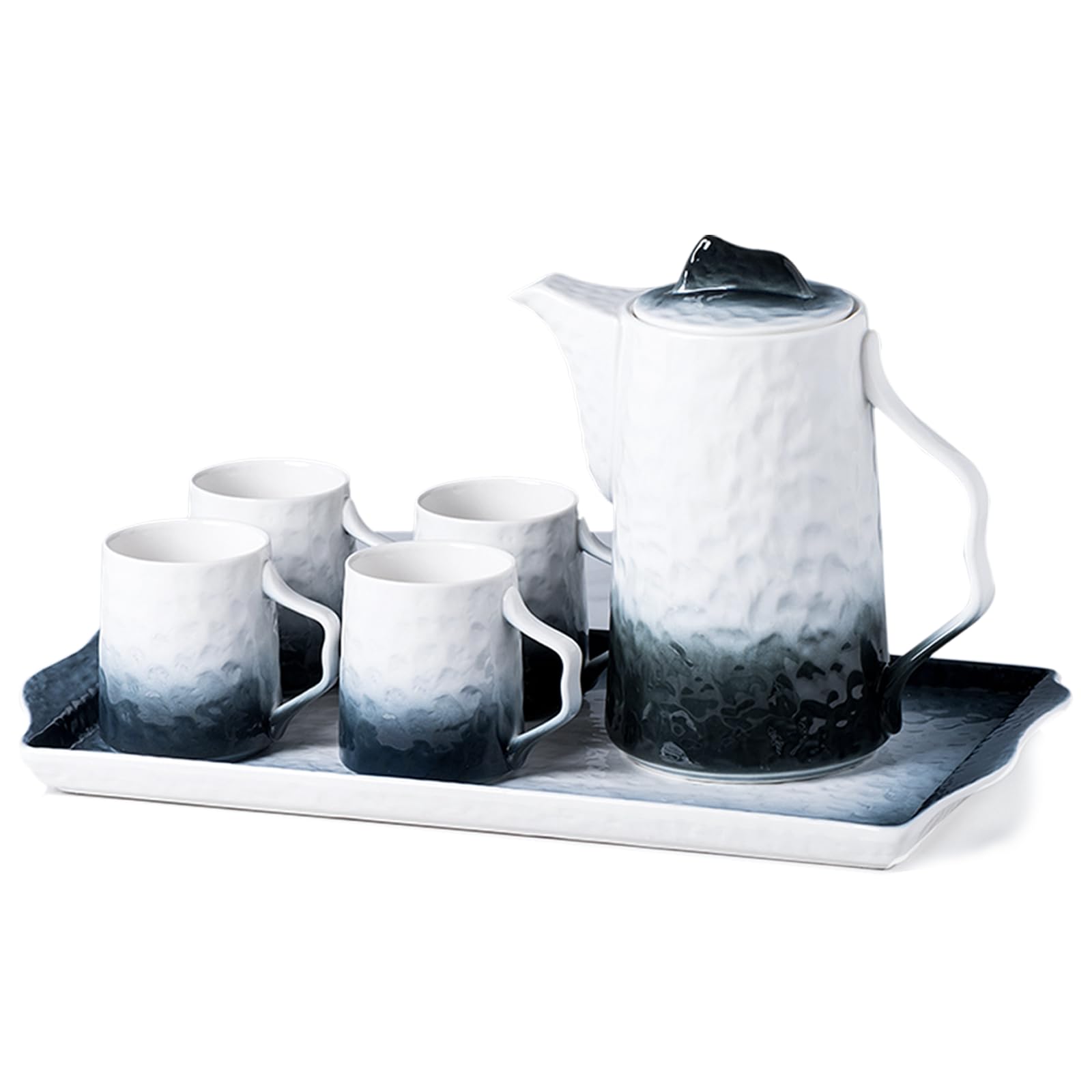 Tiamo Porcelain Tea Cup Set with Teapot for 4, Blue and White with Tray - Perfect Gift for Tea Lovers,Christmas Gifts for Women