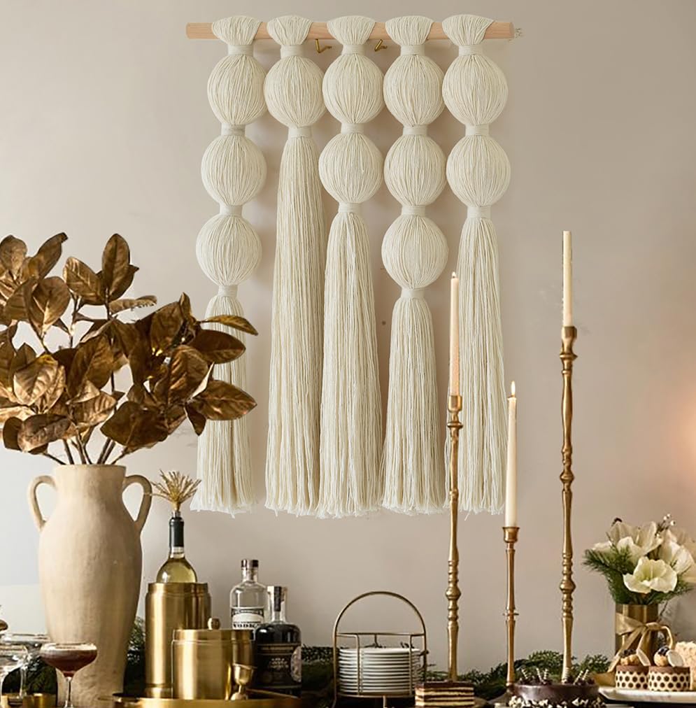 Photo 1 of ***4 ROWS***Flber Macrame Wall Hanging with Geometric Yarn Spheres, Handwoven Cotton Tassel Art for Boho Bedroom or Living Room Wall Decor 15.7" W x 19.6" L