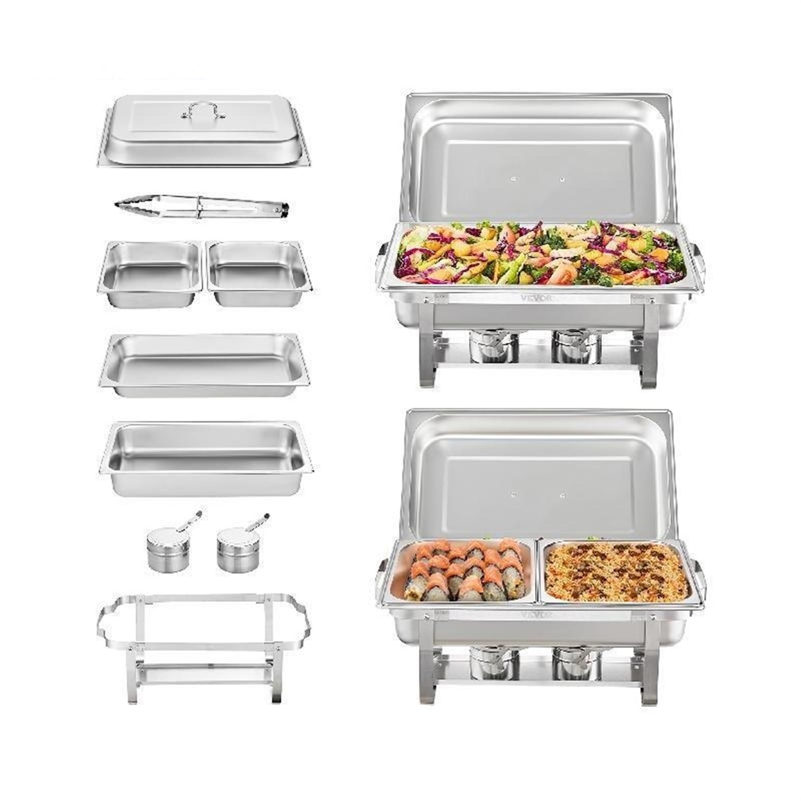 8QT 2 Pack Chafing Dish Buffet Set Stainless Chafer w/ 2 Full & 4 Half Size Pans Rectangle Catering Warmer Server with Lid