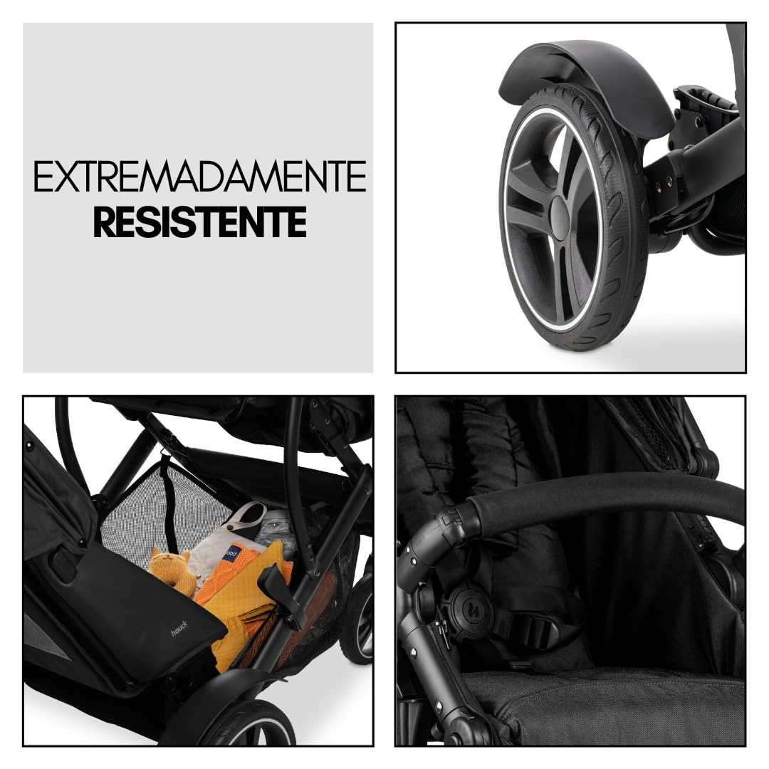 hauck Duett 4 Carrito Bebe Gemelos Reclinable - Carro Doble para 2 Niños - Silla de Paseo Gemelar incl. Cubrepiés y Burbuja de Lluvia - Negro