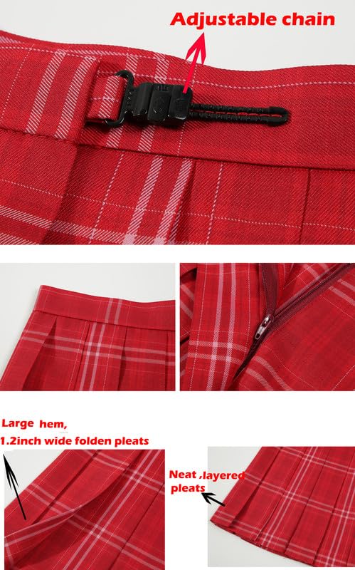 Women's Girls Plaid Pleated Adjustable Waist High Skirts with Bow Ties Set4