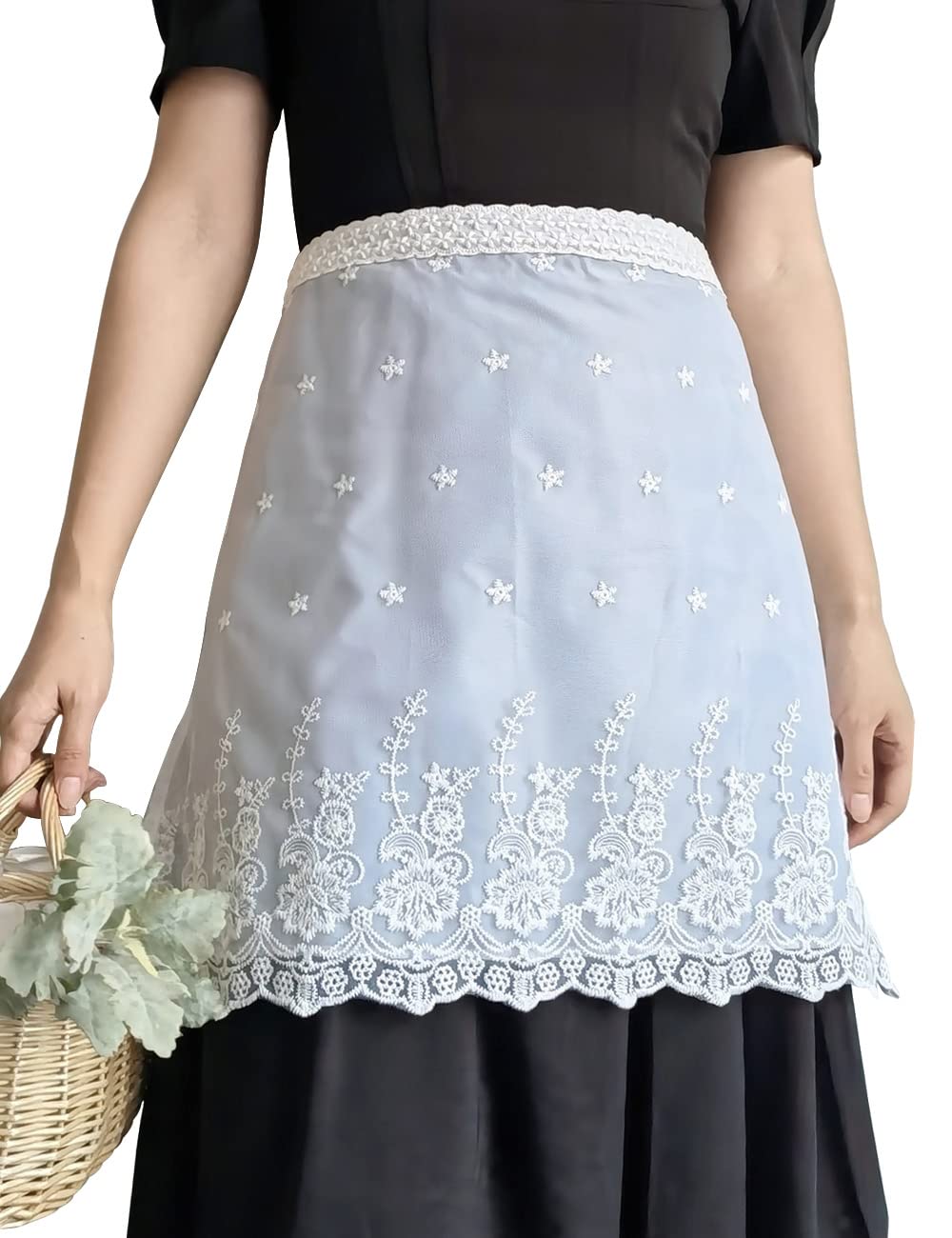 Floosum Lovely Waist Apron Cotton Lace Embroidered Waterproof Server Aprons Waitress Apron Half Apron for Womens Girls