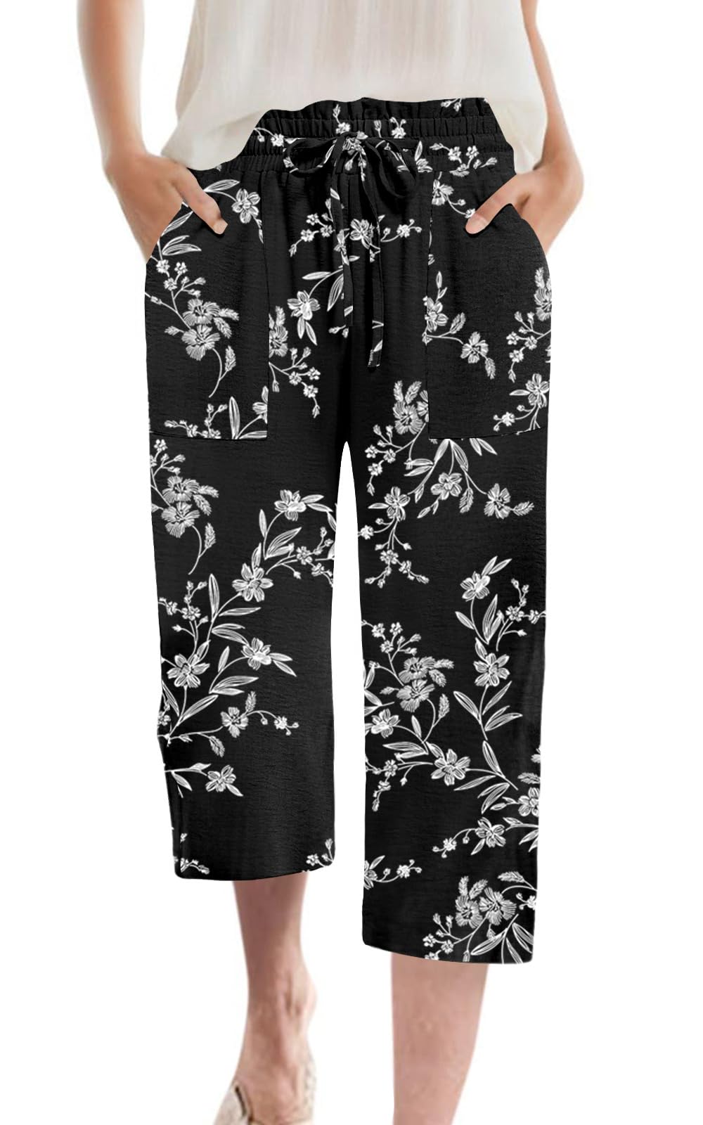 Womens Capri Pants Summer Wide Leg High Waisted Pants Drawstring Casual Trousers with Pockets