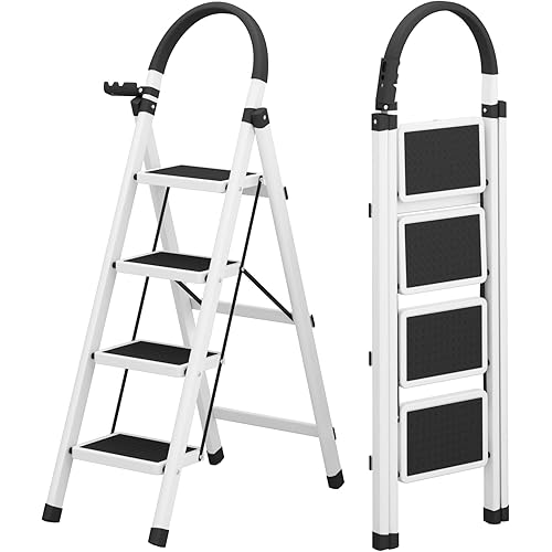 JOISCOPE 4 Step Ladder , Folding Step Stool with Anti-Slip Wide Pedal, Sturdy Steel Ladder, 250 lbs Portable Ladder with Handrail , Safe and Lightweight Step Stool for Home, Kitchen, RVs, etc, White