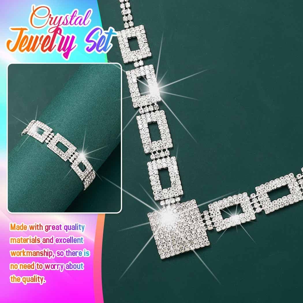 Yean Rhinestone Bride Wedding Jewelry Set Silver Crystal Necklace and Earrings Bracelet Set Prom Formal Costume Jewelry for Women - Image 6