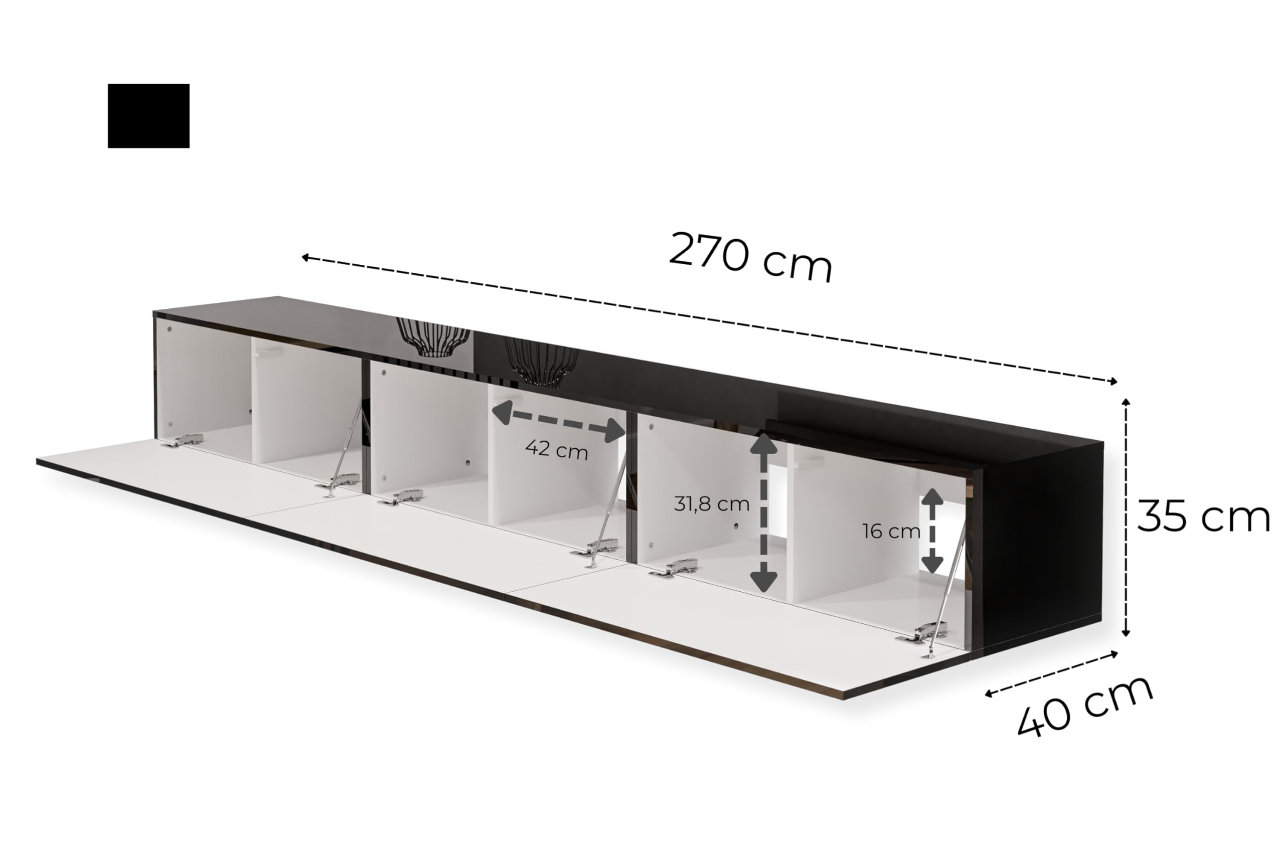 Szafka RTV Wisząca Połysk Czarna 270 cm (3x90 cm) Lowboard Push To Open Bez Uchwytów Szafka Pod Telewizor Do Salonu 270x35x40 cm Nowoczesna