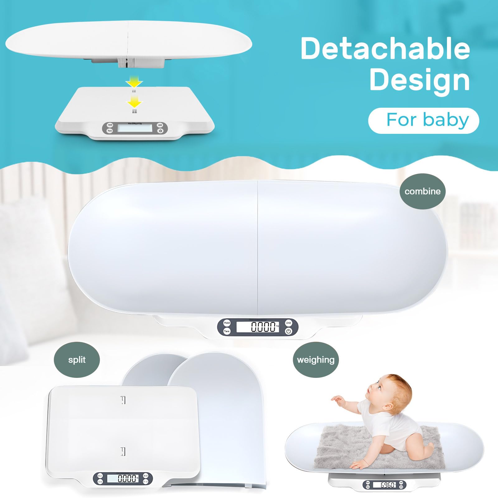 Balance Bébé Numérique 30kg 70cm avec Plateau Amovible, Fonction Hold, Tare, écran LED