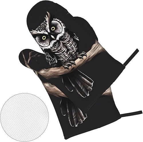 Miniatura 7 de Juego de guantes de horno y soportes para ollas con estampado de búhos nocturnos, 4 unidades, guantes de horno de cocina resistentes al calor y