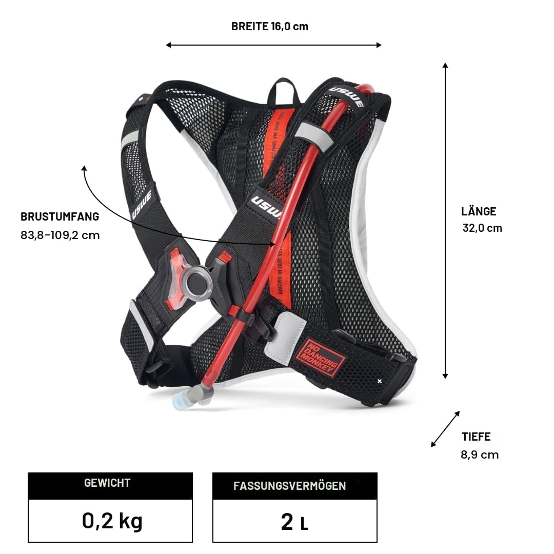 USWE Race 2.0, Ultra Lightweight Hydration Backpack with 2.0L / 70oz Water Bladder, Leak Proof Pack for Gravel, MTB, Running, Hiking, Cycling, Camping, Biking for Men,Women