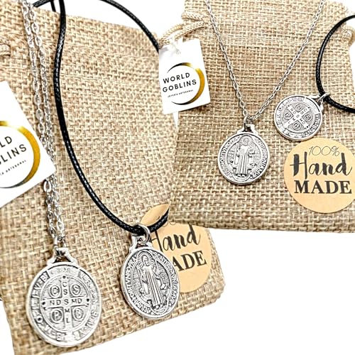 Regalo para Parejas Collares San Benito Apóstol | Set 2 Medallas de Protección Espiritual | Cadena Acero Inoxidable 316L 50 cm + Cordón Negro Ajustable | Amuleto Religioso Hombre Mujer Unisex