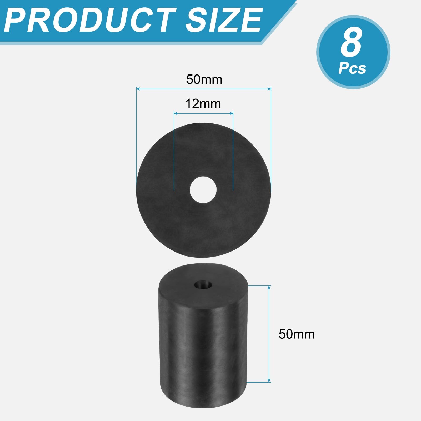 sourcing map Gummi-Abstandshalter, 50 mm Außendurchmesser x 12 mm ID x 50 mm Höhe, rund, Anti-Vibration, Abstandshalter, Gummibuchsen, 8 Stück
