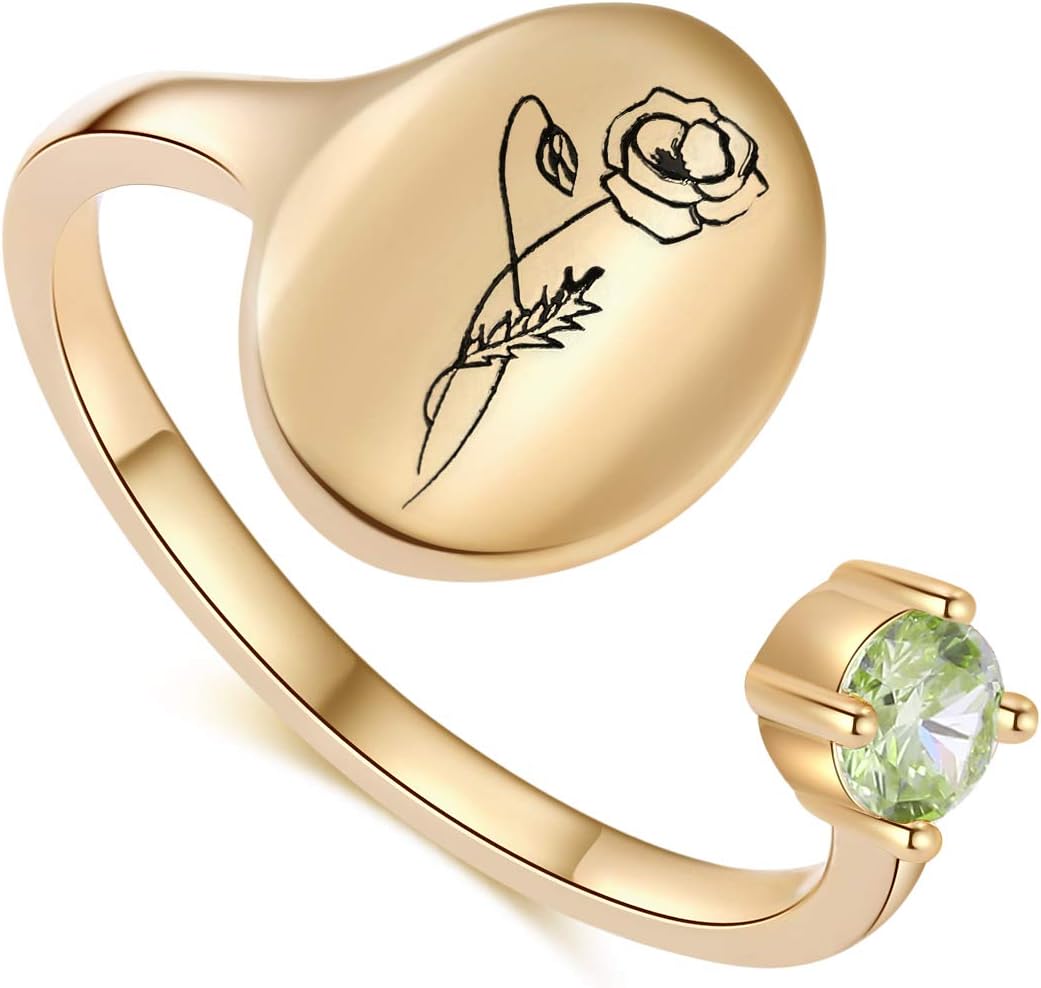 SLOONG Handmade Birth Month Flower Signet Ring 14K Gold Plated Ring Birth Stone Ring Birthday Valentine's Christmas Gift for Mom Daughter Girlfriend Wife