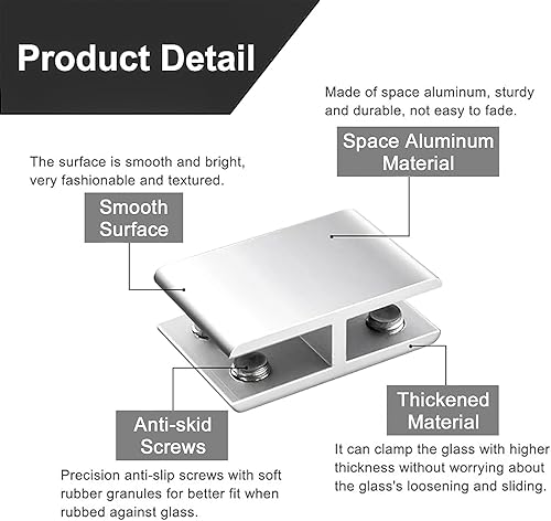 Miniatura 3 de Abrazadera de vidrio, paquete de 4 soportes ajustables de aleación de aluminio de doble cara para estante de vidrio, soporte de abrazadera de clip