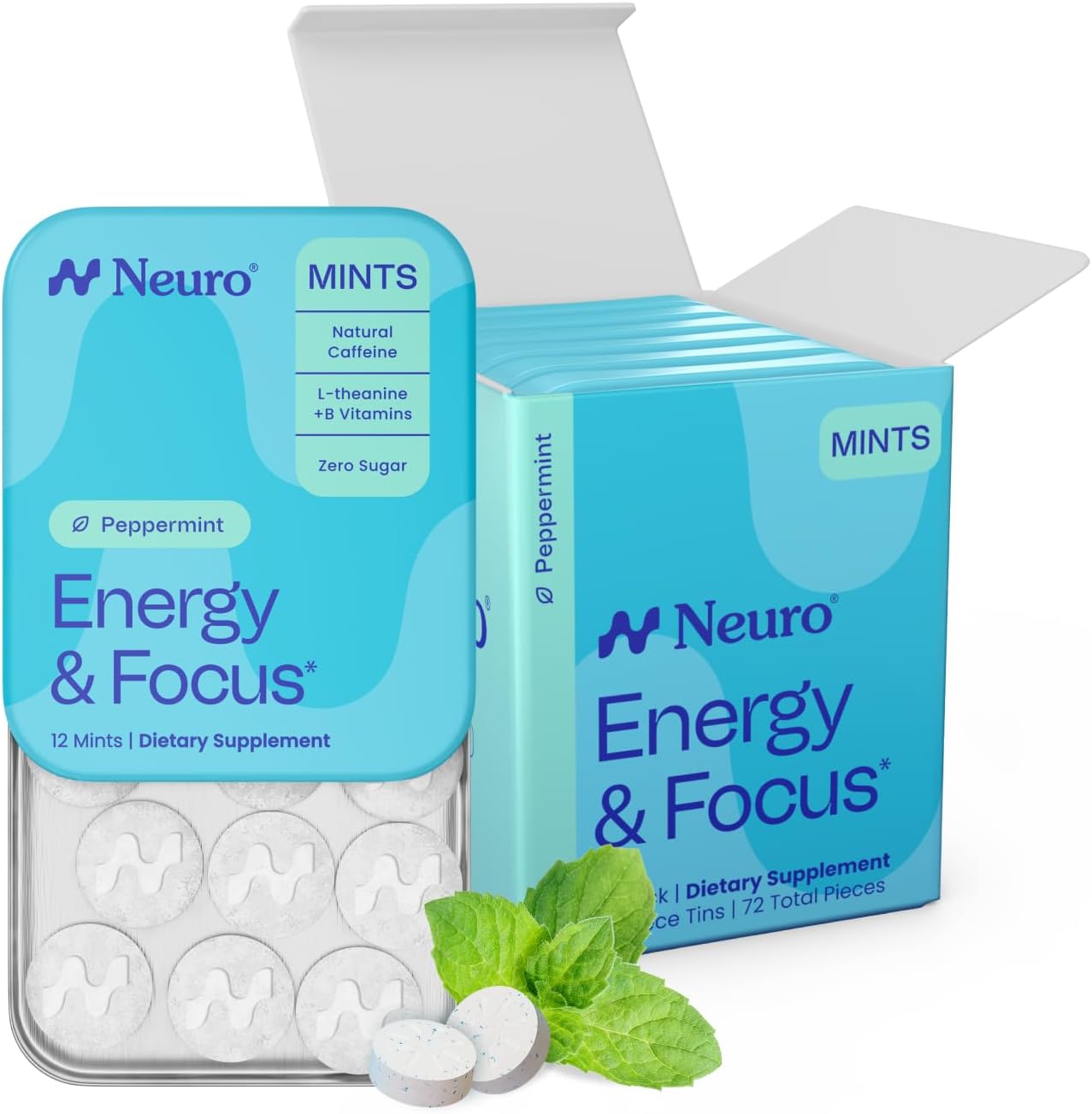 Neuro Energy & Focus Mints - Sugar Free Breath Mints with 40mg Natural Caffeine, B Vitamins & L-Theanine - Vegan Brain Supplement for Exercise, Study & Daily Focus - Peppermint, 72 ct