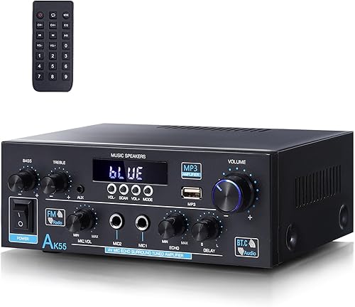 AK55 Bluetooth 5.0 Amplificador de audio para el hogar, 2.0 canales máx. 450 W Receptor amplificador estéreo de potencia con USBAUXRCAOptCOA2 MIC in