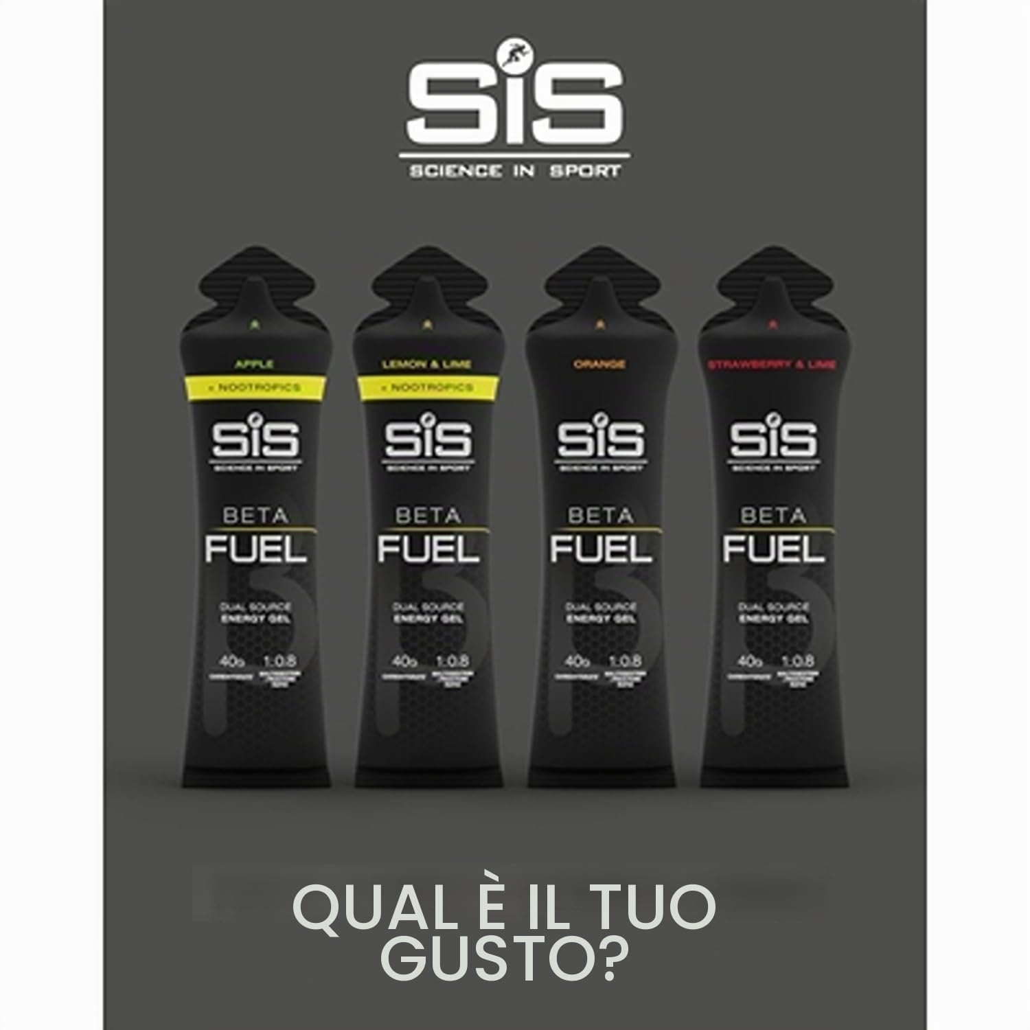 Science in Sport BETA Fuel + Nootropics in gel 30x60ml Mela - Carboidrati energizzanti in gel con 40g di carboidrati, Gel sportivo energetico per lo sport di resistenza