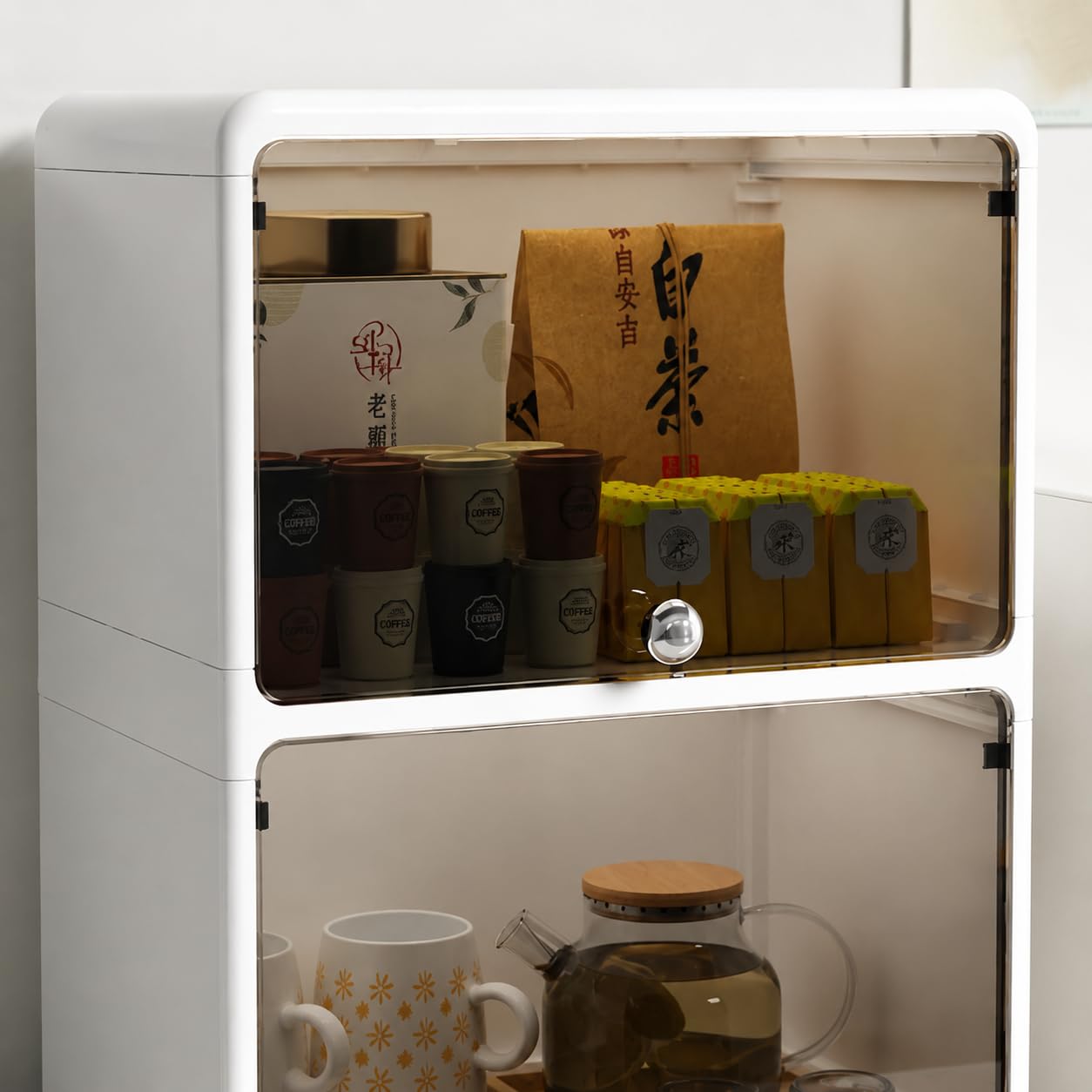 Dispenser Biceri Famiglie con Cassetti, Antipolvere per Tazze da Caffè e Tè, Grande Capacità, Bianco Trasparente