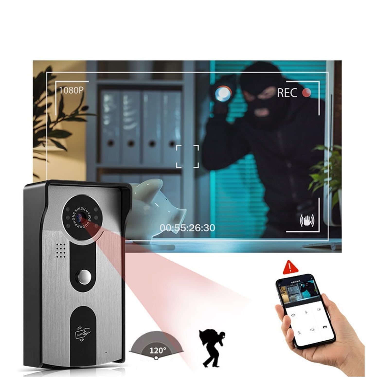 Timbre con Vídeo Timbres con Cámara Inalámbrica, Timbre De Puerta con Cámara De Seguridad WiFi Inteligente 1080P HD con Visión Nocturna, Resistente Al Agua, Compatible con Tarjeta SD