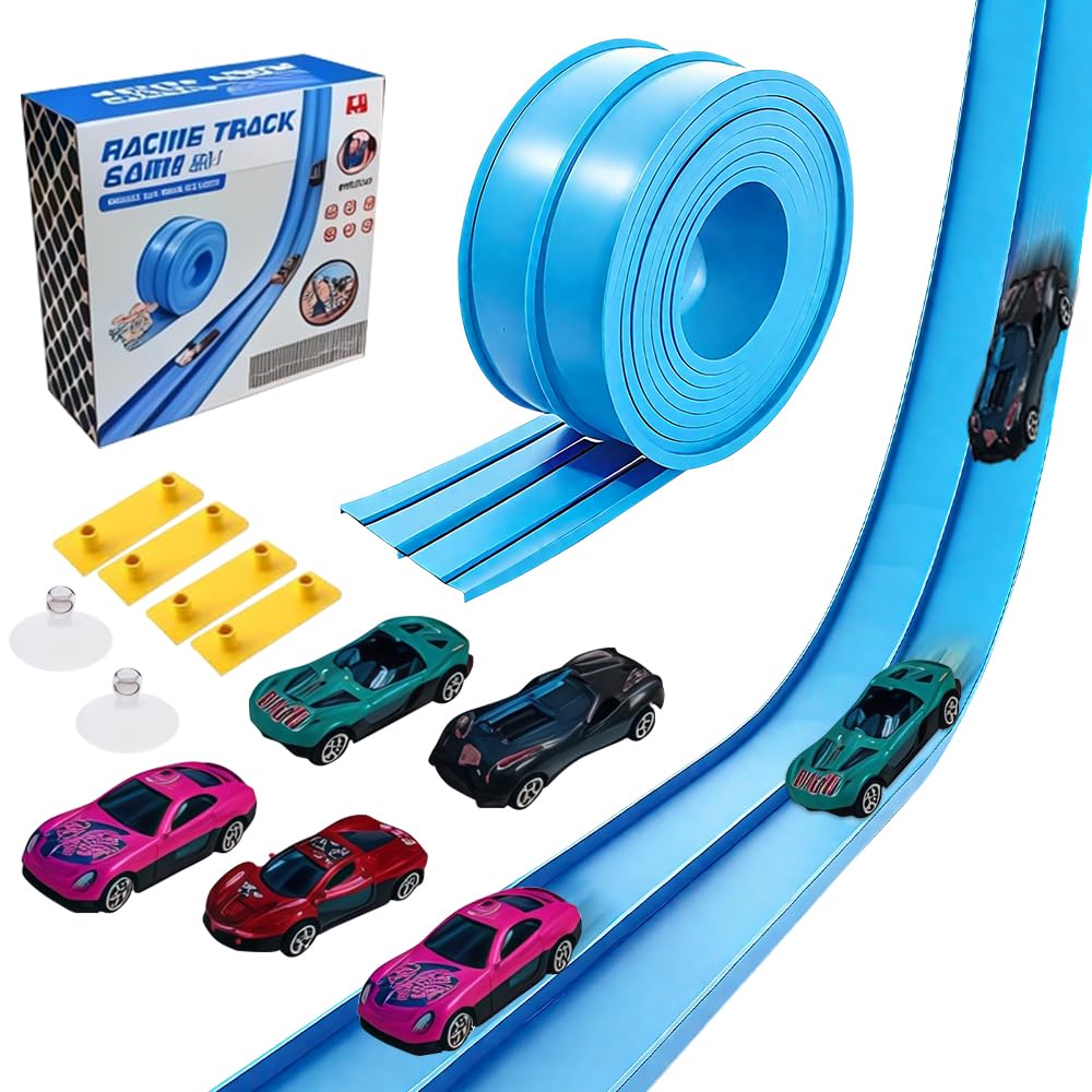 CLIUNT Car Track 4M Includes 4 Cars, Car Race Track, Flexible Race Track, Rolls Up Portable Dual, Speed Track for Jumps Loops Ramps for 1/64th Cars